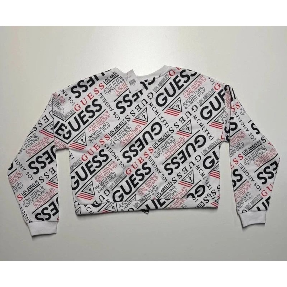 Guess Stan AOP Fleece Pullover Logo Sweatshirt White Red Black Large NWT